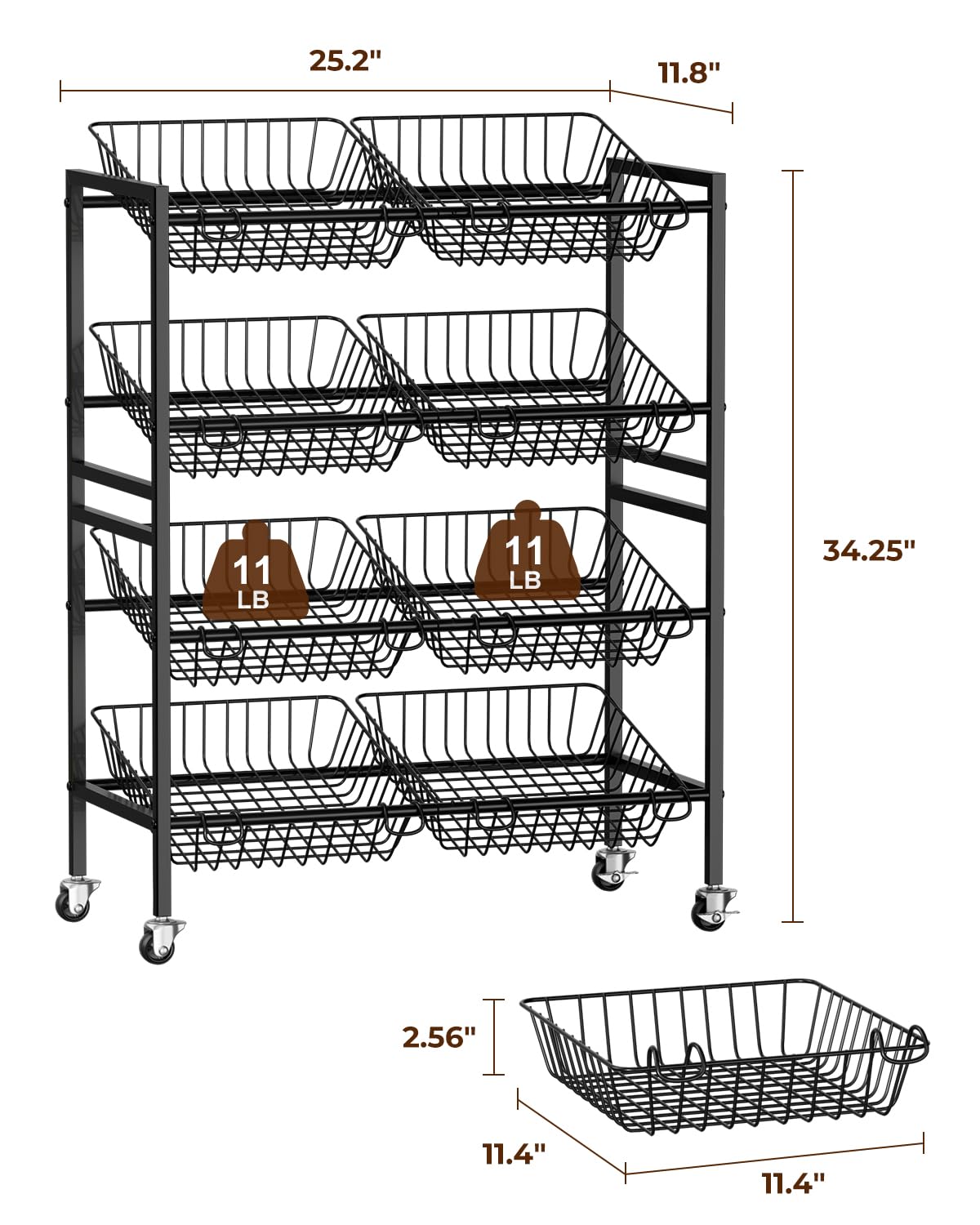 Evermagin 25.2''W Kitchen Storage Cart, Rolling Snack Cart, 4 Tier Fruit Basket Vegetable Stand, Metal Pantry Storage Organizer with 8 Removable Baskets for Onion Potato, Black