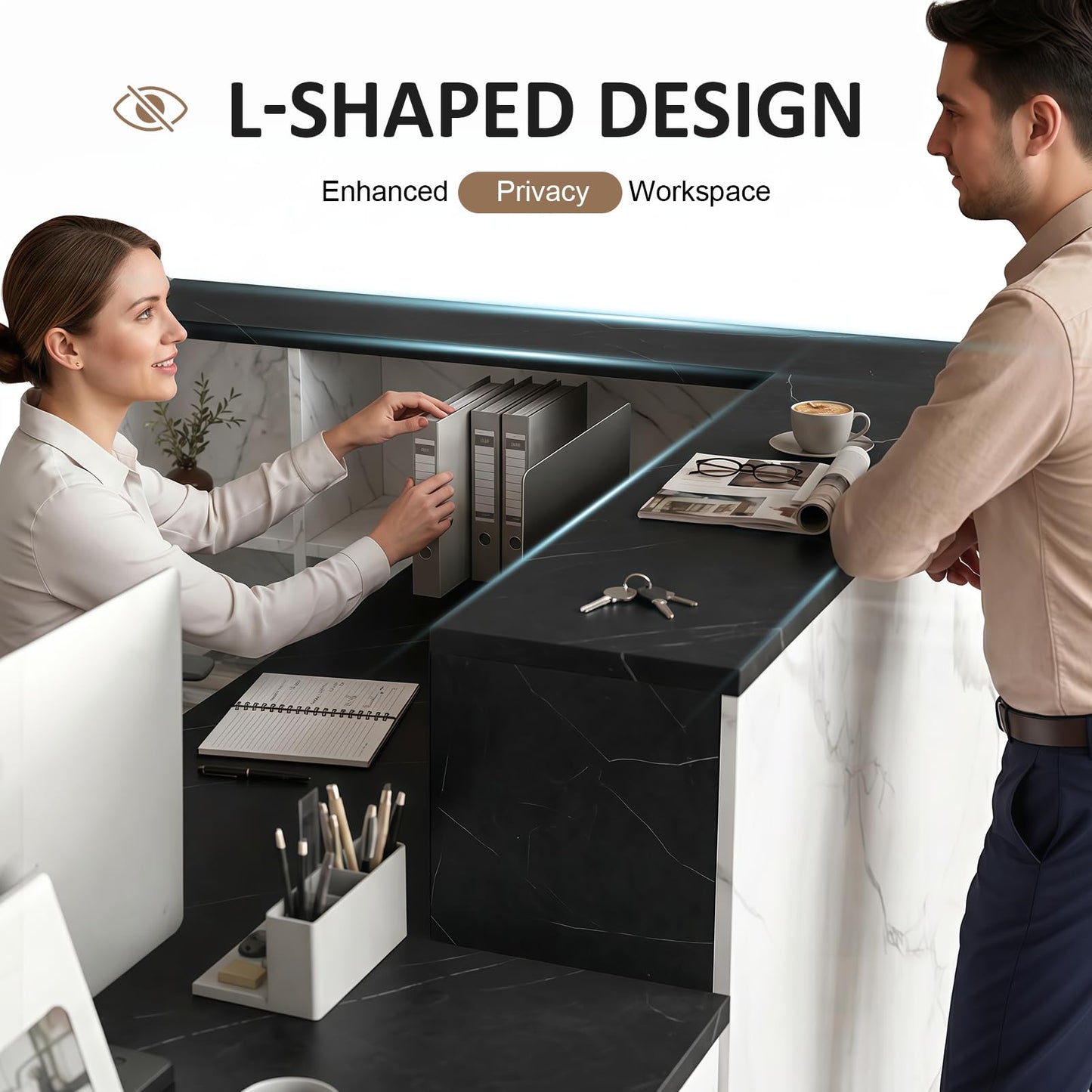 YTElantivo L-Shaped Reception Desk with Counter, 1-Inch Thick Board, Lockable Drawers & Keyboard Tray, Heavy-Duty Front Desk for Office, Salon, Hotel & Clinic