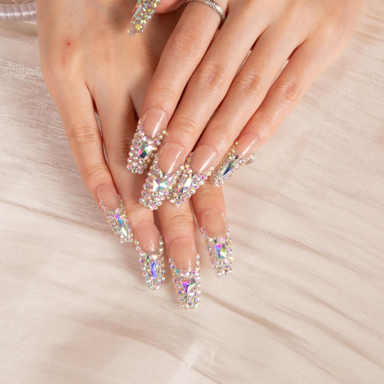 LOVFUL Reusable Press on Nails | Salon Quality Sustainable Style Handmade with Full Covered Crystals | Coffin Classic Regular 1.3 in | (Angel's Tear Rhinestone, S)
