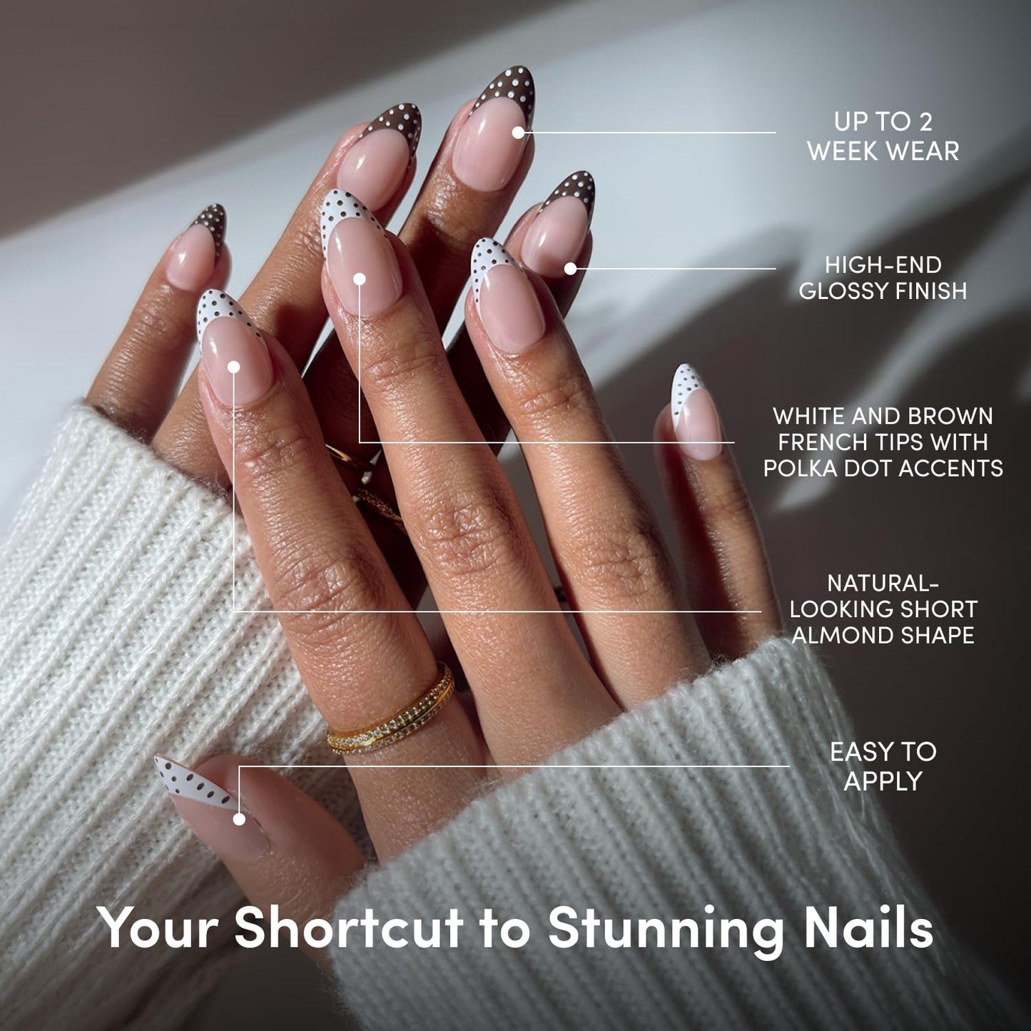 Glamnetic Press On Nails - Short Almond Fake Nails with Polka Dot French Tips, Glossy Finish | Salon Quality | Vacation Nails | Polka in Positano | 15 Sizes - 30 Nail Kit with Glue