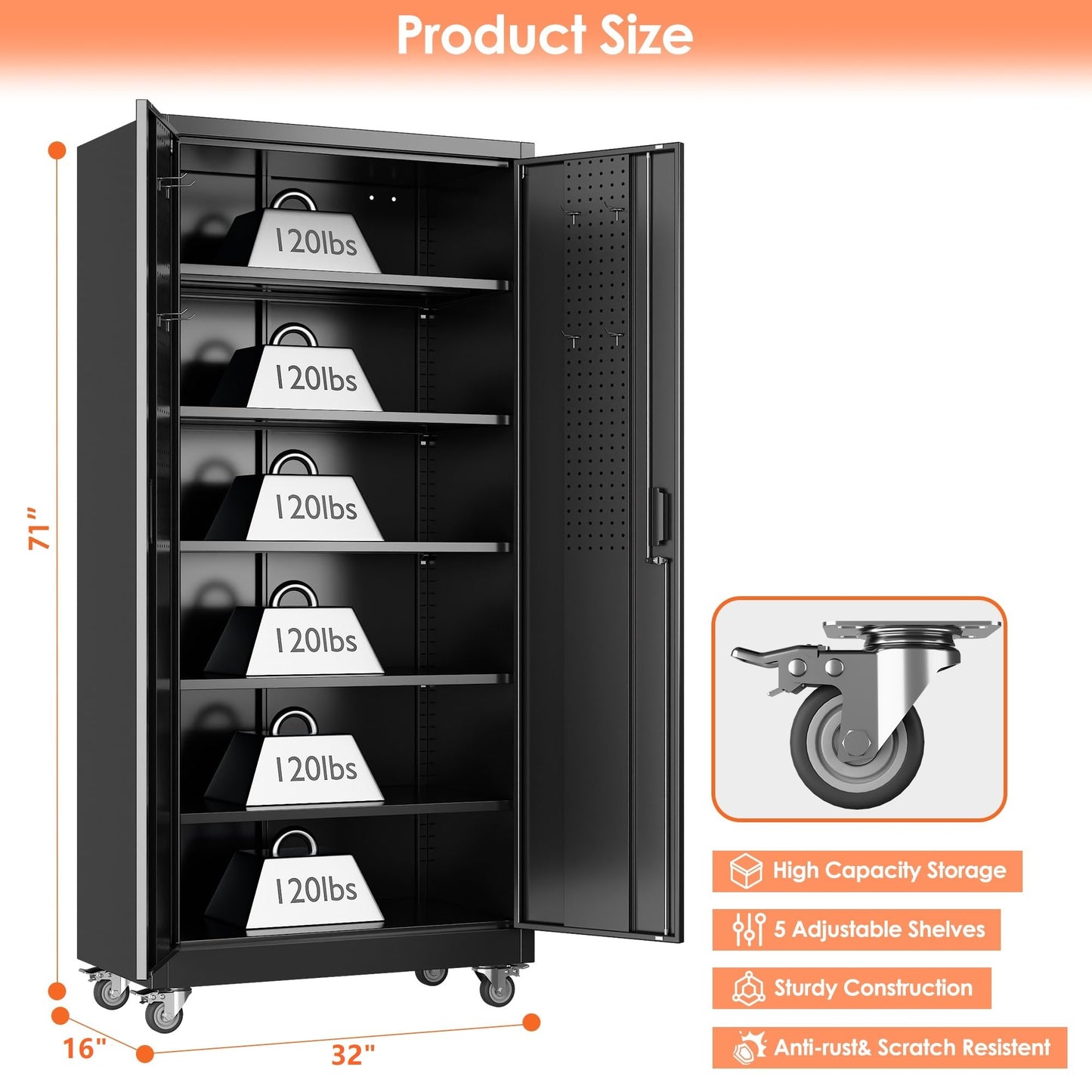 GangMei Metal Storage Cabinet with 5 Adjustable Shelves and Pegboard, 71" H×32" W×16" D Lockable Garage Storage Cabinet with Wheels for Garage, Home, Warehouse, Black, Assembly Required
