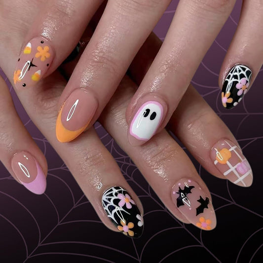 CJDLTS Halloween Press on Nails Short Almond Cute Ghost False Nail Acrylic Artificial Fingernails Flowers Bat Design Full Cover Glossy Festival French Stick on Nails for Women Supplies 24Pcs