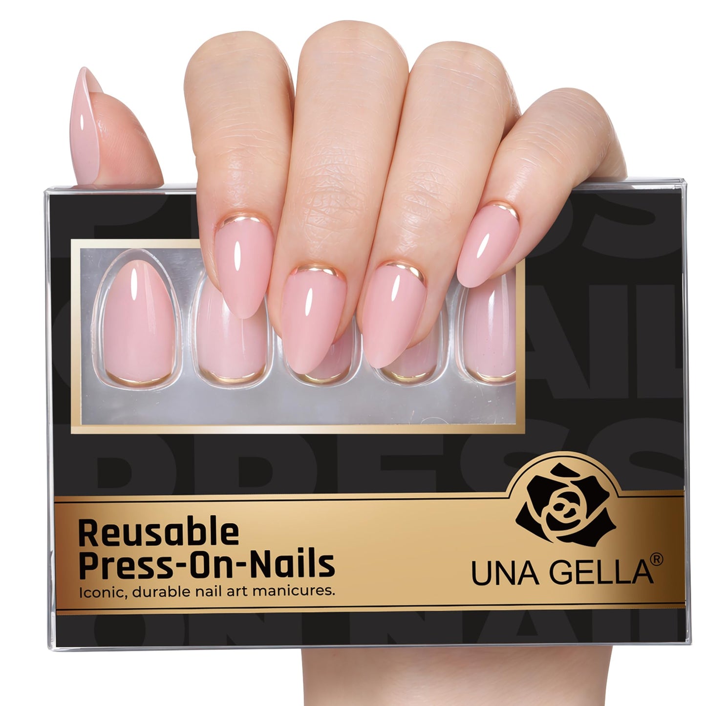 UNA GELLA 32Pcs Soft Gel Press on Nails - 16 Sizes Gold Rim Nude Pink Almond Glue on Nails, Reusable Elegant French False Nails, Full Cover Acrylic Nail Kit for Women DIY Home Manicure
