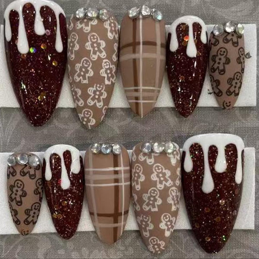 30Pcs Christmas Press on Nails Medium Almond Fake Nails with Rhinestone & Stripe Designs Full Cover Reusable Acrylic Nails Brown Gingerbread Man Xmas False Nails for Women