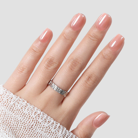 UNA GELLA Chrome Nude Press On Nails: Short Square Soft Gel Press Ons Kit with Nail Tips Glue on Nails, 16 Sizes - 32 Reusable Chrome Holographic Fake Nails Kit, Nude Pink