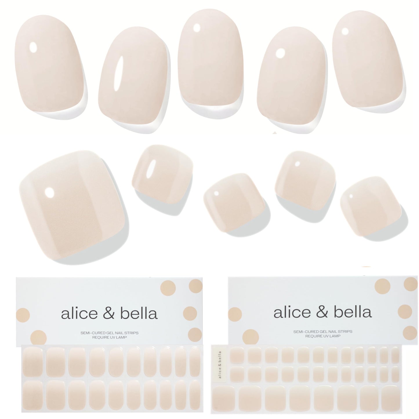 Alice & Bella Milky White Manicure (25pcs) + Pedicure (32 pcs) Bundle Set- Milky White Classy Slightly Translucent Nude Neutral Lip Gloss Mani & Pedi for Any Occasion -Semi Cured Gel Nails Kit