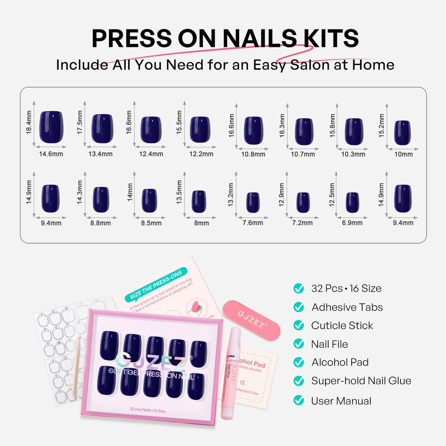 Electric Navy Blue Press On Nails Square - GJZEZ Soft Gel Short Glossy Fake Nail Press Ons with Glue for Women, Natural Opaque Reusable Glue On Nails in 16 Sizes - 32 PCS Stick On Nail, Indigo