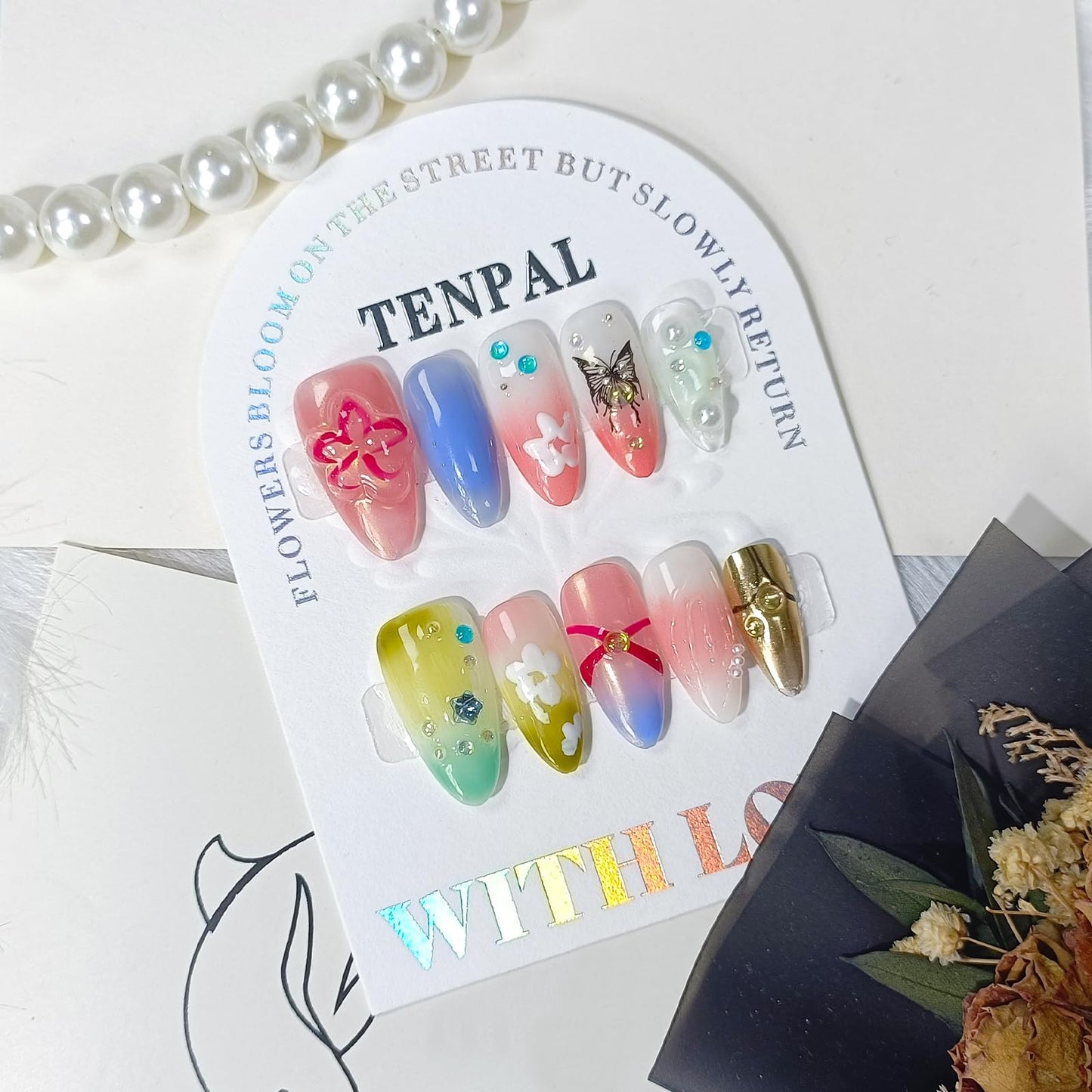 TENPAL Pink Green Purple Nails,Handmade Press on Nails Almond,Glossy Soft Gel Fake Nails Wth Flower Butterfly Designs,Summer False Nails Press Ons,Colorful Acrylic Almond Nails,Medium Size