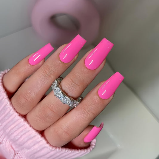 KQueenest Long Medium Press On Nails Coffin Nails Press Ons Gloss, Vibrant Hot Pink Color Full Cover Long Fake Nails For Women, Thick Gel Square Tip Nails Acrylic False Nails Set, 24 Pcs