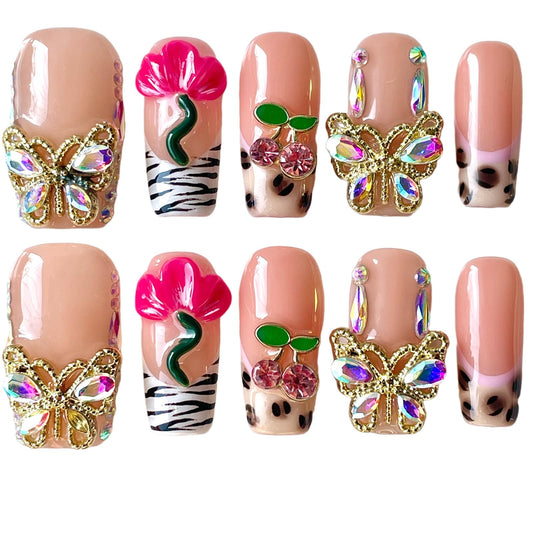 Handmade Press On Nails, Short Medium Square Nude Pink with 3D Butterfly & Flower Design, Reusable Acrylic Fake Nails with Crystals, Blush Garden (M)