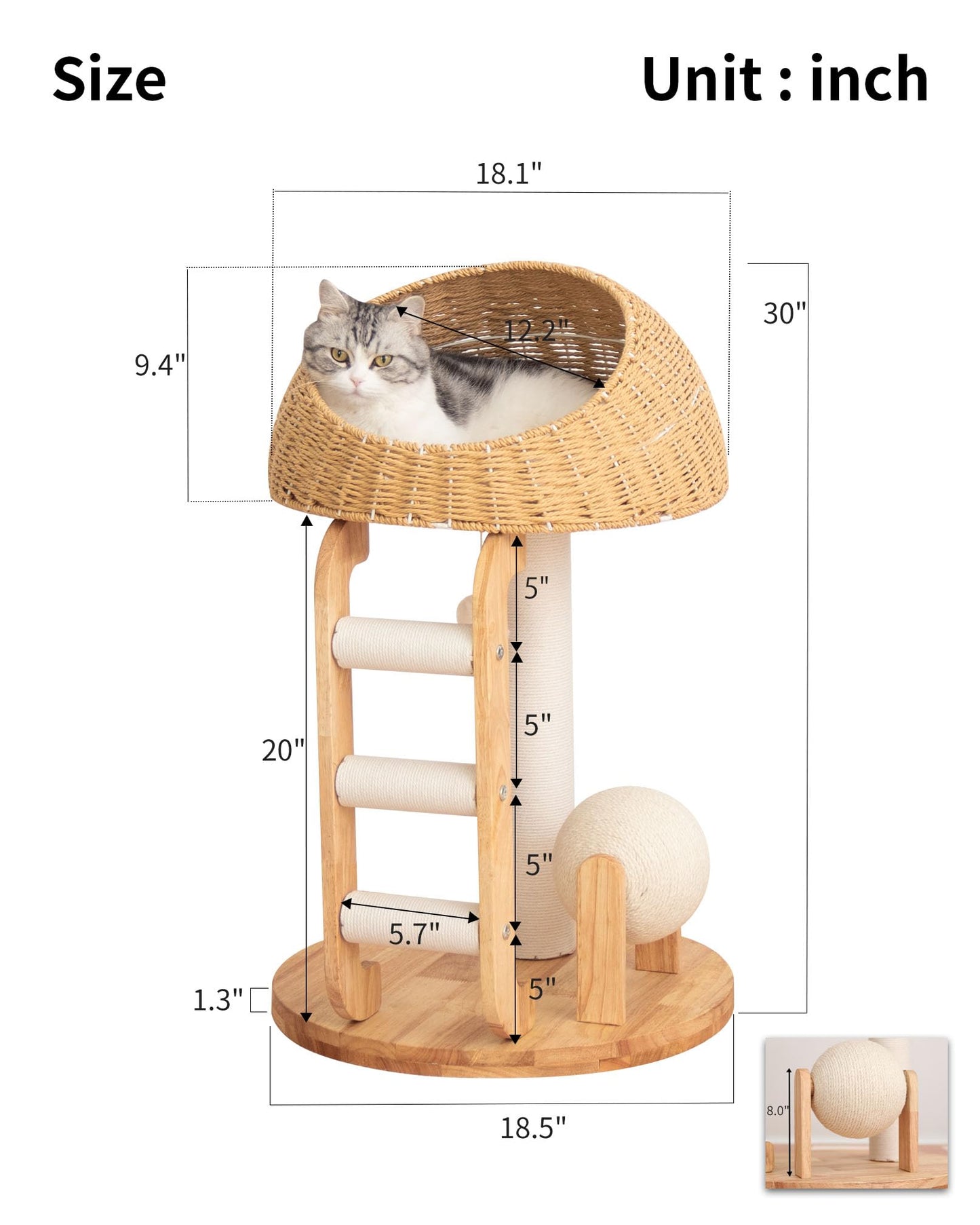 PETTIFUL Wood Cat Tree for Large Cats, Modern Cat Tree Tower with Wide Shelves Cotton Scratching Posts, Super Sturdy Base, Cozy Perches, and Interactive Toys for Indoor Kittens