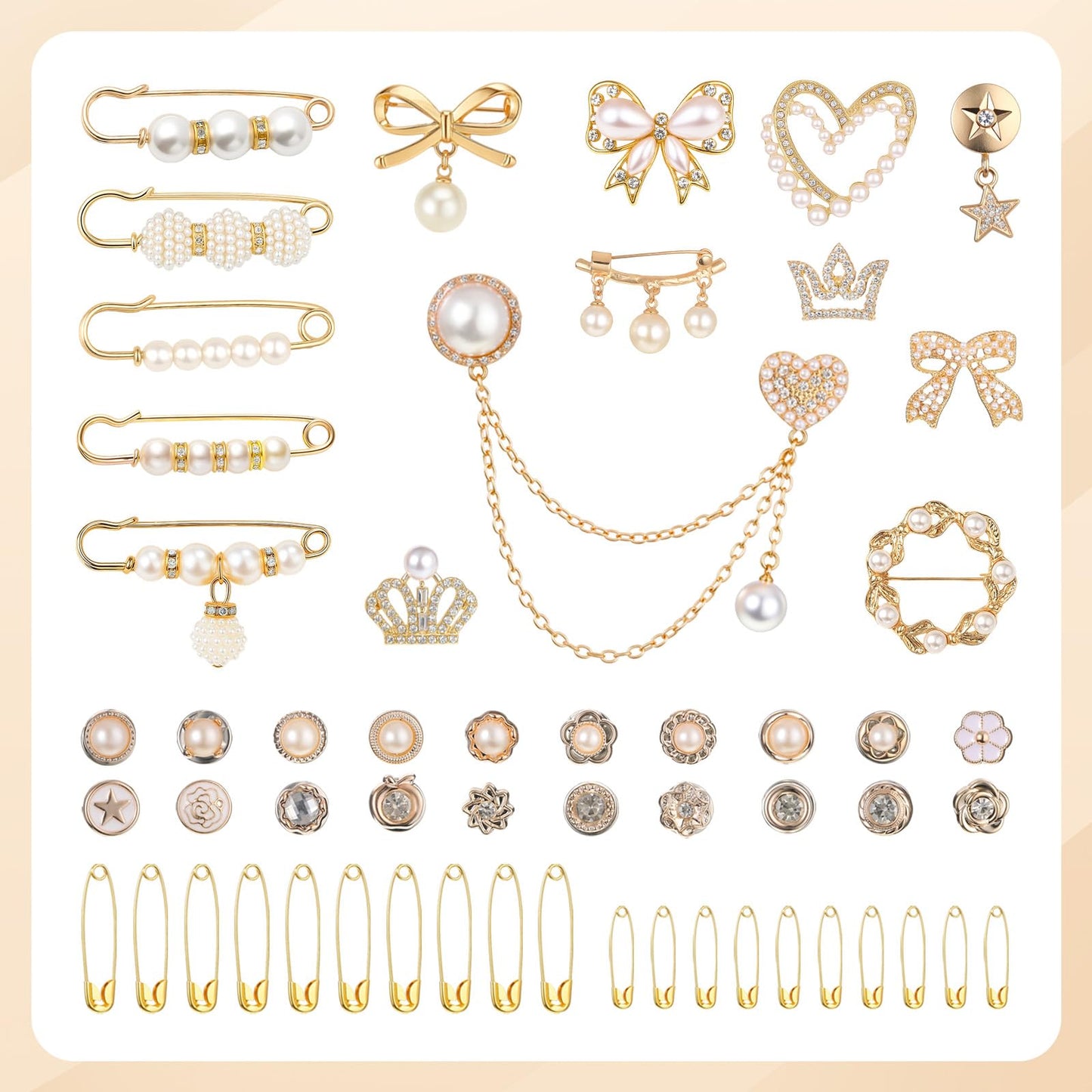 FineCheer 1505 Pcs Junk Socks Charms Kit Gold Brooches and Pins for Women, Pearl Patch Shoelaces Rhinestone Sock Charms with Safety Pins DIY Rhinestone for Clothe Hat Scarf Shawl Decoration