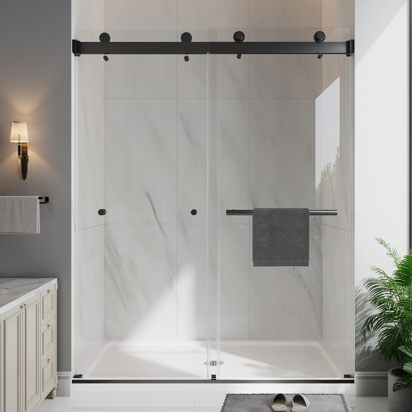 EASYWORC Frameless Double Sliding Shower Doors, 55-60" W x 76" H, 1/4" (6mm) Thick ANSI Certified Tempered Glass with Explosion-Proof Film and Nano Coating Shower Glass Door, Matte Black
