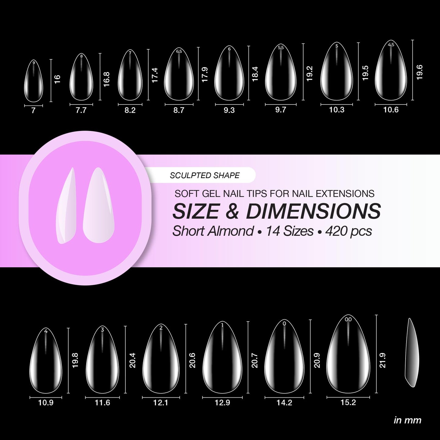 Curacoro Sculpted Short Almond Gel Nail Tips 420Pcs, Clear Full Cover Soft Acrylic Tips 14 Sizes, Easy to Use, Long-Lasting, Glossy Finish