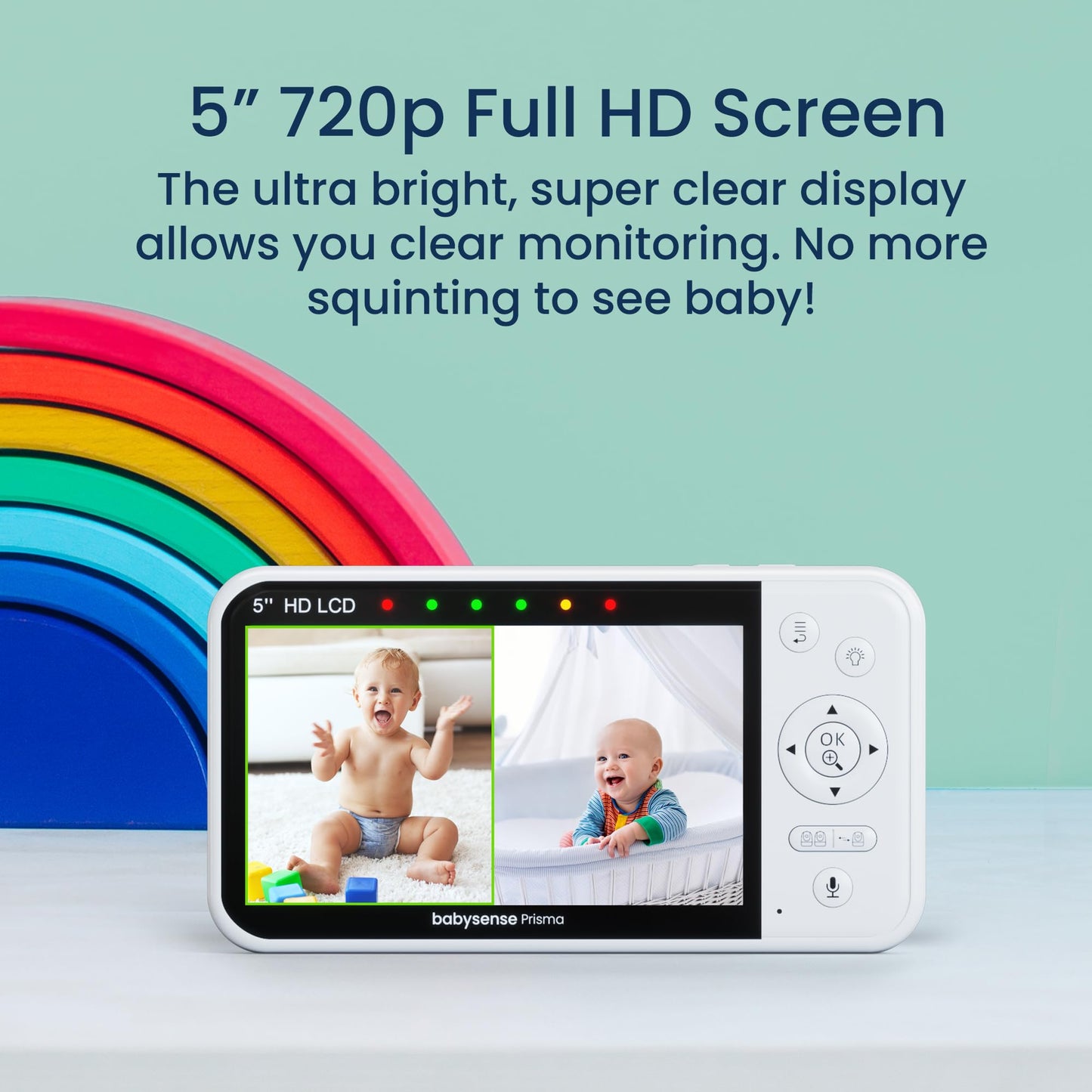 Babysense Prisma Baby Monitor with Camera and Audio, 5” HD Video Baby Monitor, 6-Color Night Light, Split Screen, Baby Sound Machine with White Noise & Lullabies, Secure No WiFi