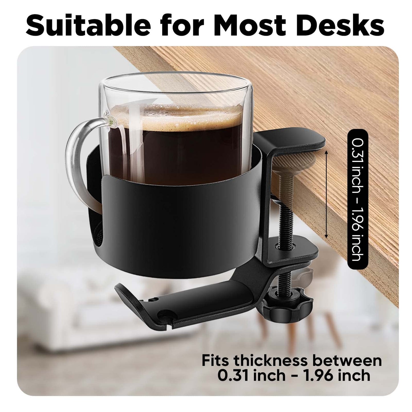 OOKUU 2 in 1 Desk Cup Holder with Headphone Hanger, Anti-Spill Cup Holder for Desk or Table, Easy to Install, Sturdy and Durable, Enough to Hold Coffee Mups, Water Bottles, Headphones