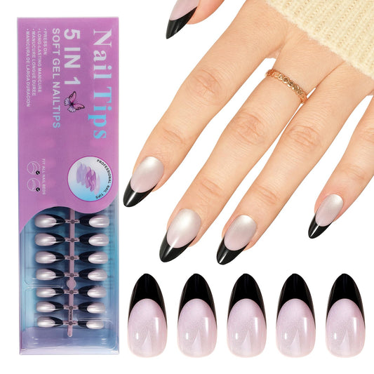 Jellyqueen Black Cat Eye French Gel Press on Fake Nail Tips, 150Pcs Almond Nail Tips, Multicolor Soft Gel Tips Press on Nails Fake Nails for Nail Art DIY 15 Sizes (A18-03-02)