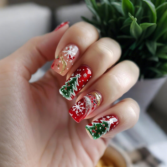 Christmas Press on Nails Medium Square Fake Nails Red with Design Xmas Tree Snowflake Gold Striped Acrylic Nails Full Cover Xmas Nail for Women Manicure 24Pcs