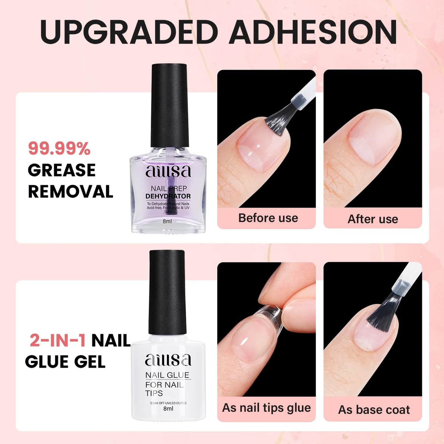 AILLSA Nail Extension Kit Short Almond Nail Tips 240pcs with 2 In 1 Nail Glue Base Coat and Nail Dehydrator, Gel Nail Tips Kit with Nail Lamp Top Coat for Starters Home Salon