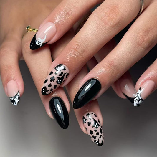 24Pcs Halloween Black Ghost Press on Nails Almond Medium Halloween Fake Nails with Design French Tip Glue on Nails Glossy Full Cover Artificial Nail Reusable Halloween Stick on Nail for Women Manicure