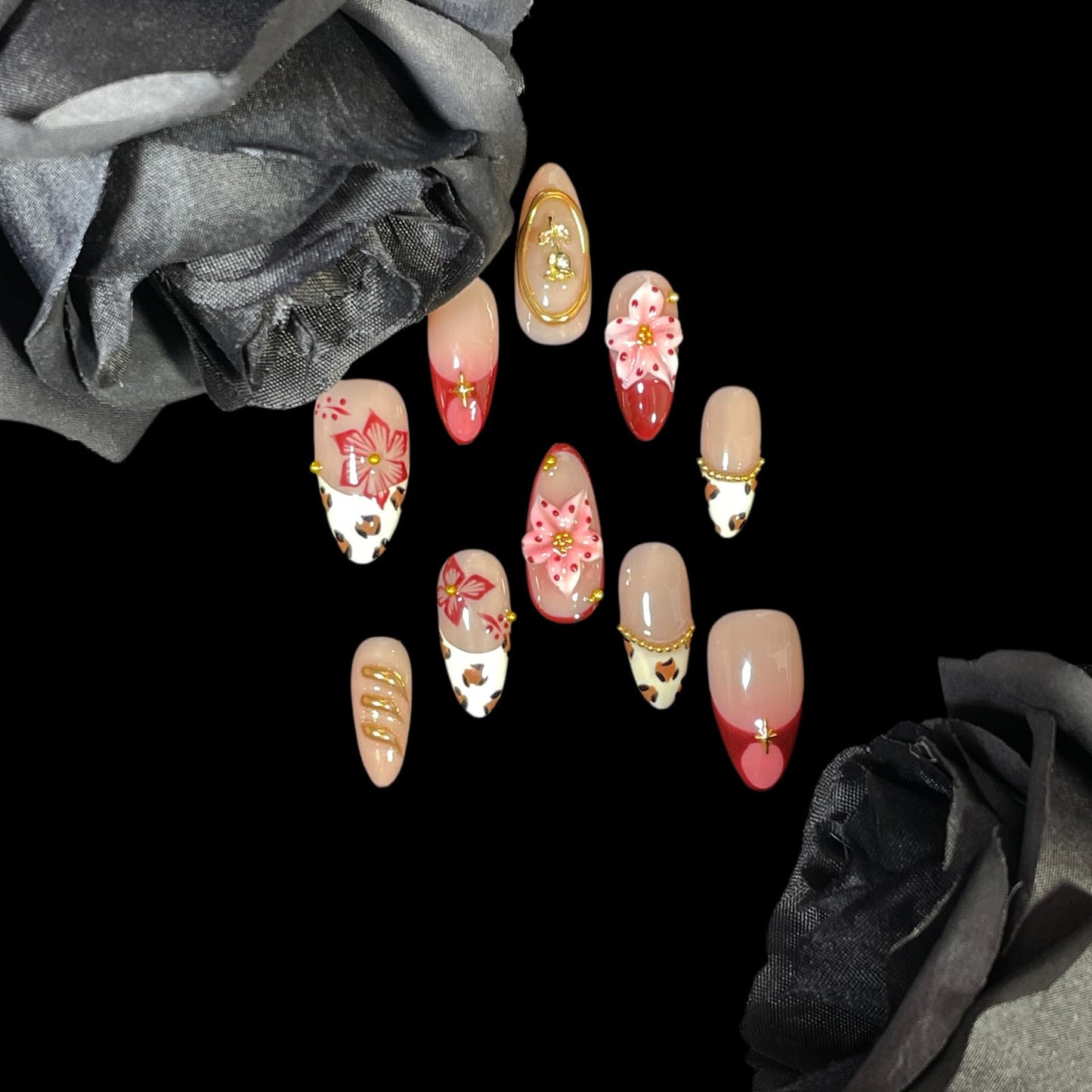 Handmade Press on Nails, Medium Almond Shape, 3D Floral Design with Gold Accents, Leopard Print Acrylic False Nails (Gilded Feline, M)