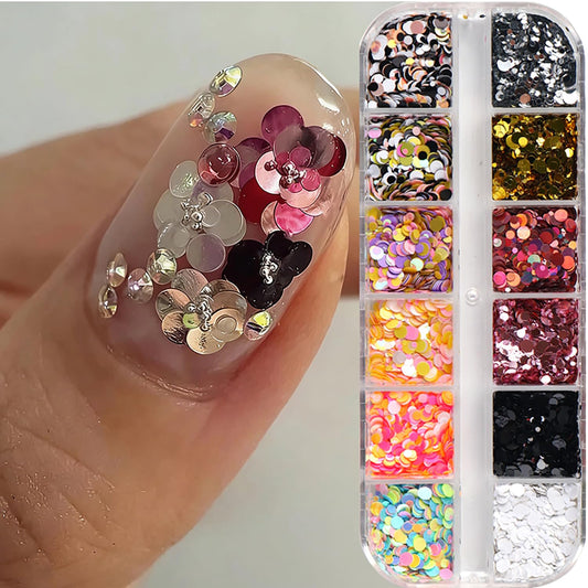 12 Grids Colorful Circular Dots Sequins Nails Art Decoration Acrylic Nails Supplies Holographic Colorful Polka Dots Nail Glitter Acrylic Jewelry Studs Nail Art Flakes for Women Manicure