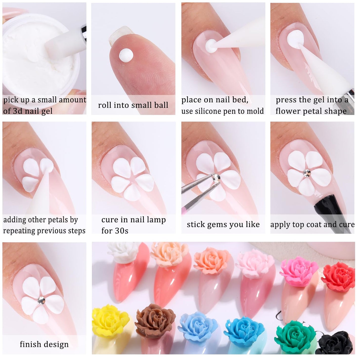 Fcozpjk 3D Sculpture Gel, 12 Colors Non-sticky Hand Builder Nail Gel Kit with Silicone Carving Pen Hard Gels for Nails Flowers Modeling Nail Clay Glue Painting Drawing Manicure Salon Supplies