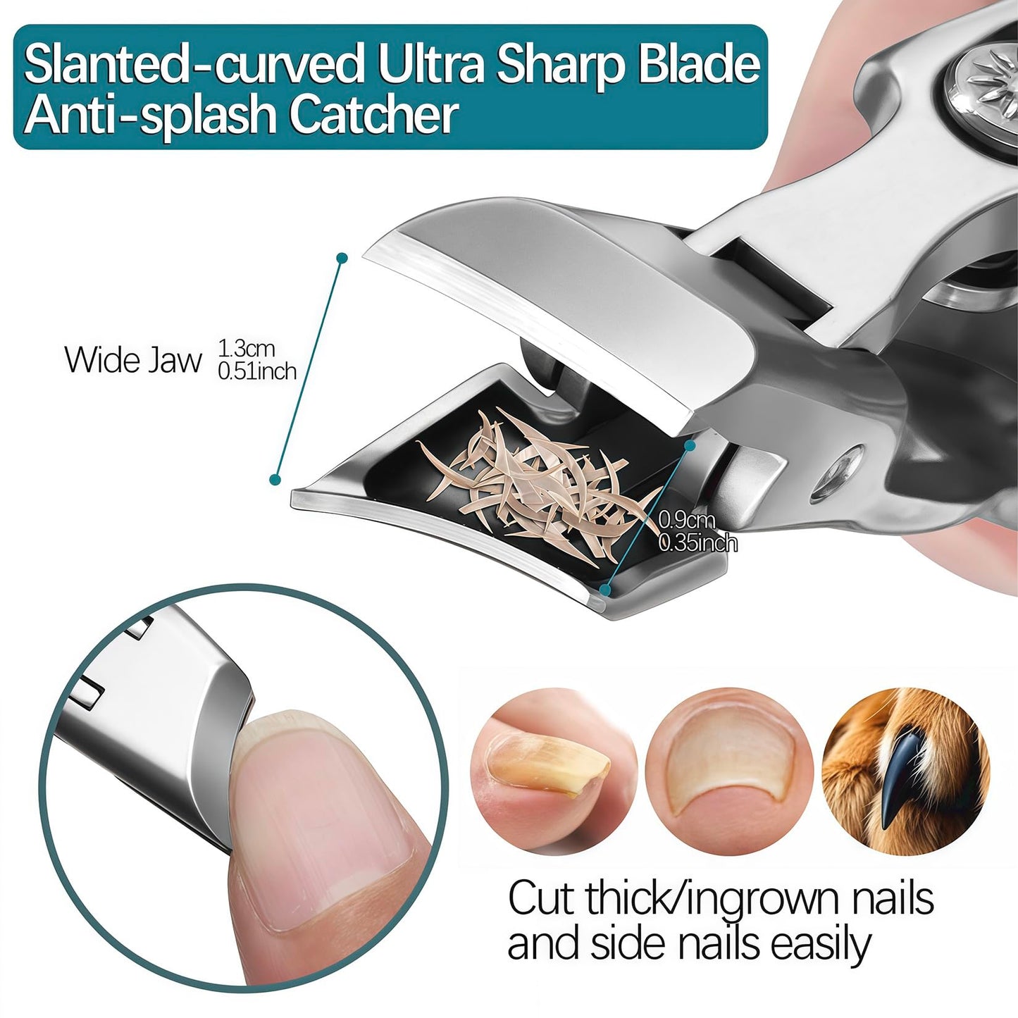 VOGARB Slanted Nail Clippers for Men Thick Ingrown Toenails, Large Wide Jaw Opening Anti-Splash Ultra Sharp Toenail Clipper with Nail File and Storage case for Seniors Adult Women