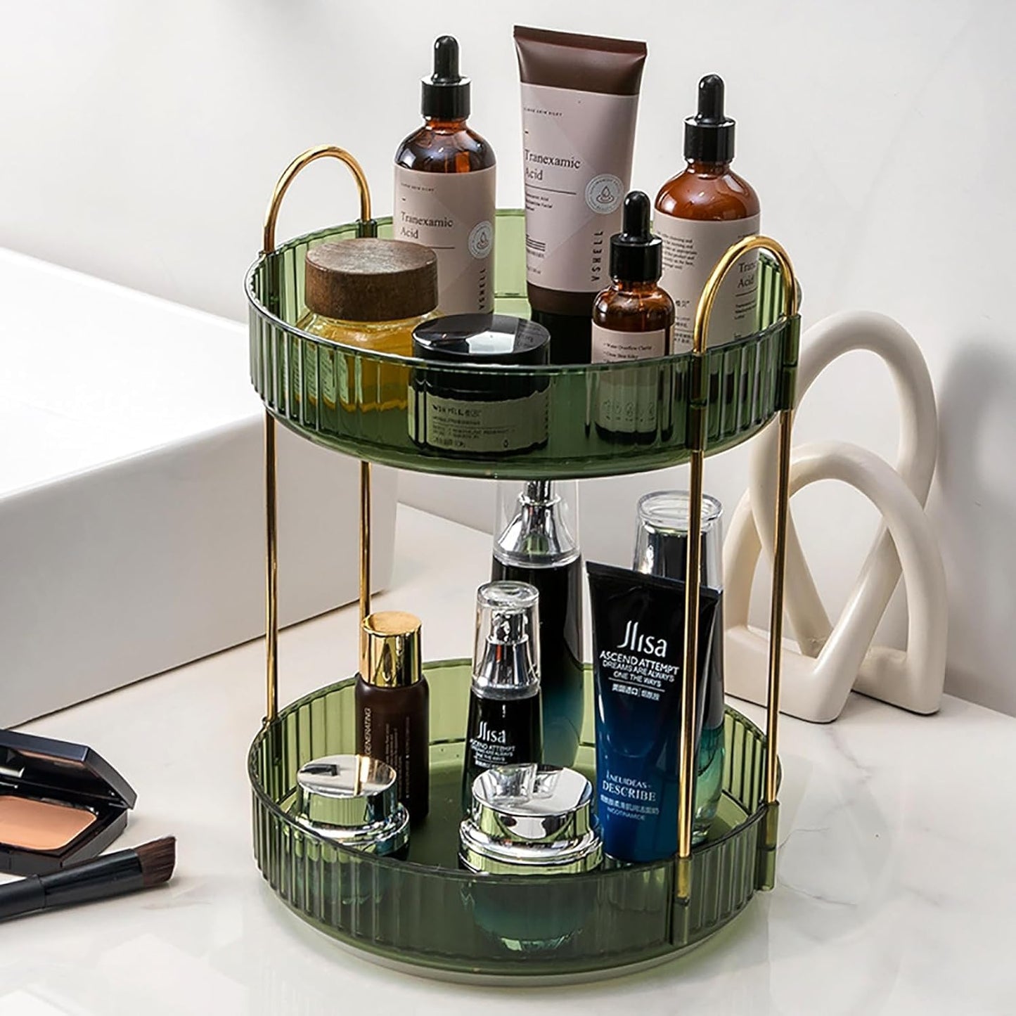 Zufudo Rotating Makeup Organizer Countertop 2 Tier Lazy Susan Trays Clear Skincare Perfume Storage for Bathroom Counter Vanity, Green Gold