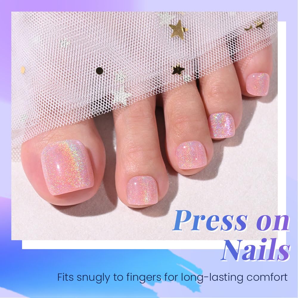 evpct Pink Glitter Colorful Press on Toenails Square for Women Gift, Glossy Square Fake Stick Press on Toe Nails, Soft Stick on Toenail Set with Kit, Lightweight Perfectly Fit Full Cover Fake Toenails