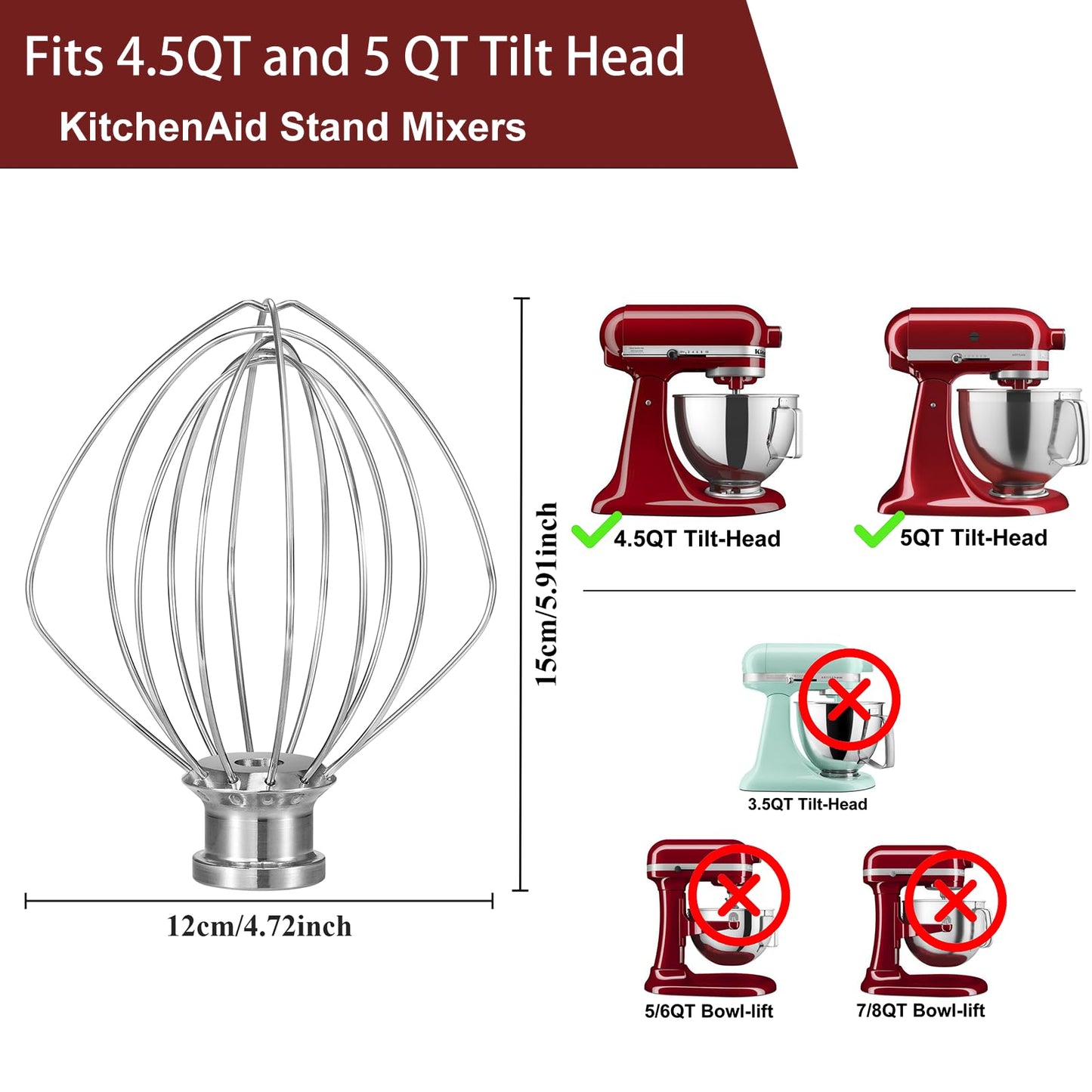 LEMEENQ K45WW Dishwasher Stainless Steel Wire Whip Attachment, 6 Wire Whisk fits KitchenAid 4.5 and 5 Quart Tilt-Head Stand Mixers, Dishwasher Safe