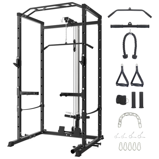Power Cage with LAT Pulldown Machine - Squat Rack for Home Gym, Multi-Functional Weight Cage with Cable Pulley System, Dip Bars & Landmine Attachment