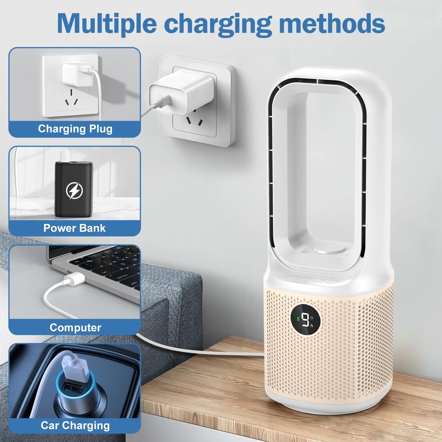 Small Bladeless Desk Fan Quiet, 14 Inch USB Rechargeable Table Fan with 5000mAh Battery, 60° Oscillating 9 Speeds Touch Control, 3 Light Modes, Mini Portable Fan for Office Bedroom Living Room