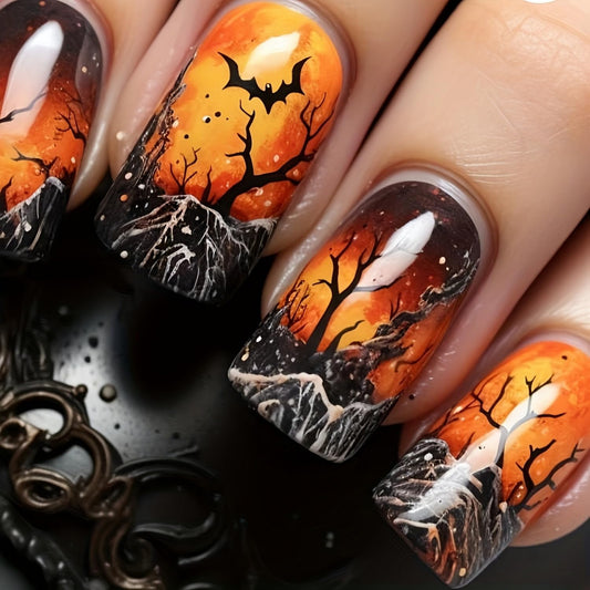 24 Pcs Halloween Press On Nails - Short Square Glossy False Nails with Bats Design, Full Cover Terror Reusable Acrylic Nails for Women's Manicure Decoration