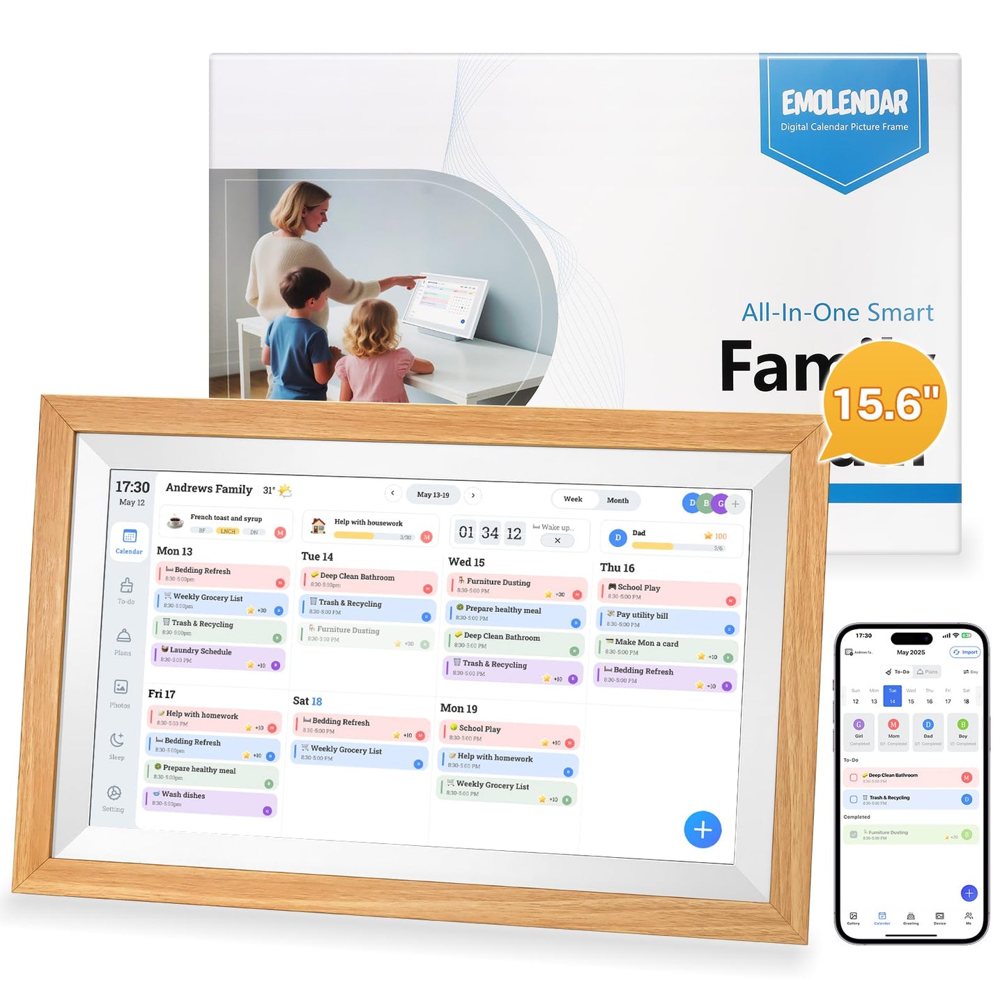 EMOLENDAR Digital Calendar,15.6 Inch Smart Wifi Electronic Calendar with Wooden Frame, Full HD Touchscreen Display Picture Frame Calendar for Family Schedules Planner Organizing-Wall & Desk Mountable