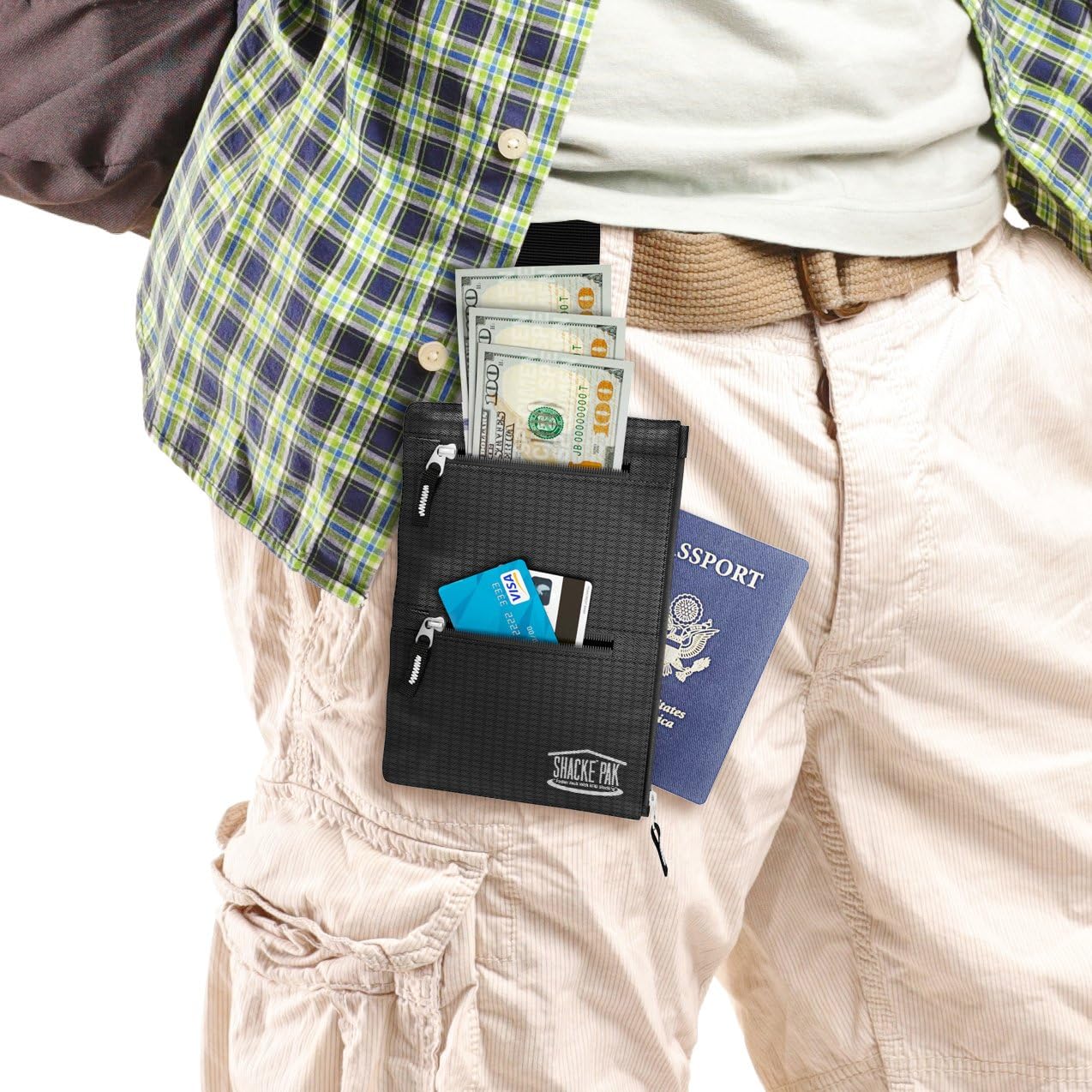 Shacke Hidden Travel Belt Wallet w/RFID Blocker (Black with Black Strap)