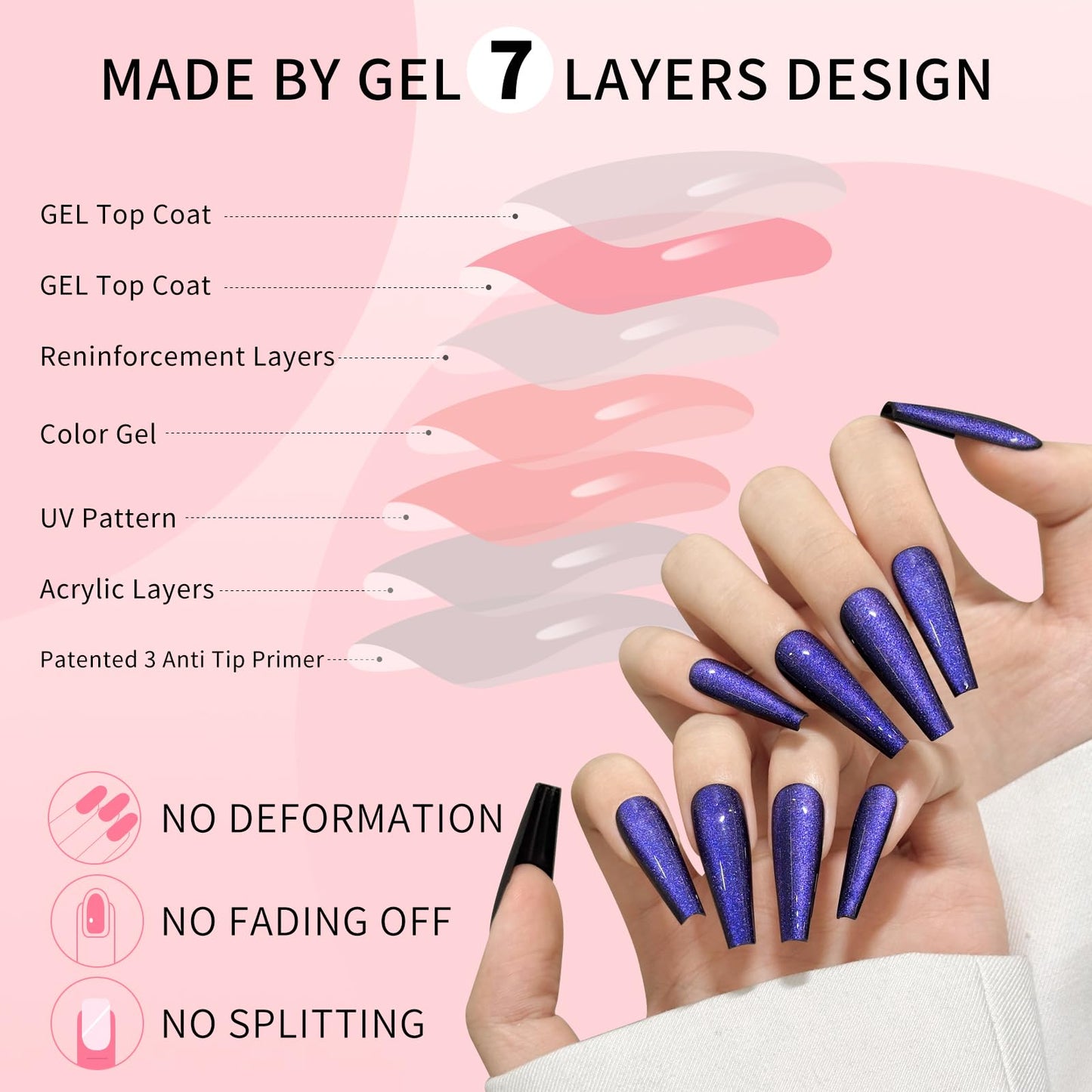 Dark Blue Cat Eyes Press On Nails,12 Sizes-24 Pcs Soft Gel Blue Long Coffin Fake Nails Kit with Nail Glue, Natural Reusable Stick On False Nails for Women and Girls SK1041