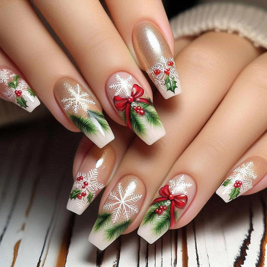 MISUD Press on Nails - Long Coffin Fake Nails with Bling Gold Glitter, Acrylic Xmas Snowflake Design 24 pcs