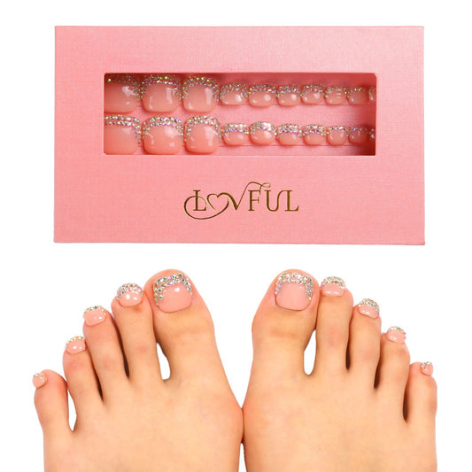 LOVFUL Handmade Acrylic Press on Toenails Nude French Tip Rhinestone | Salon Quality 20 PCS Free Size Toe Nails | Reusable Fake Nails for Toe | T48