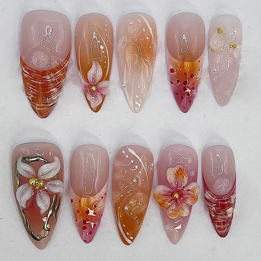 Flower Press on Nails Medium French Tip 3D Stereoscopic Floral Gold Pearl Design Coffin Acrylic Full Cover Almond Press Ones Artificial Glue on for Women