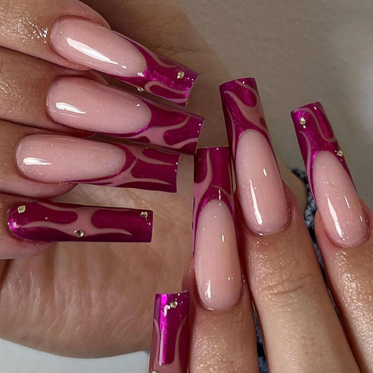 BABALAL Long Coffin Ballerina Press on Nails, Pink French Acrylic Glue on Nails with Shiny Rhinestone Chrome Glitter 24 Pieces for Women and Girls