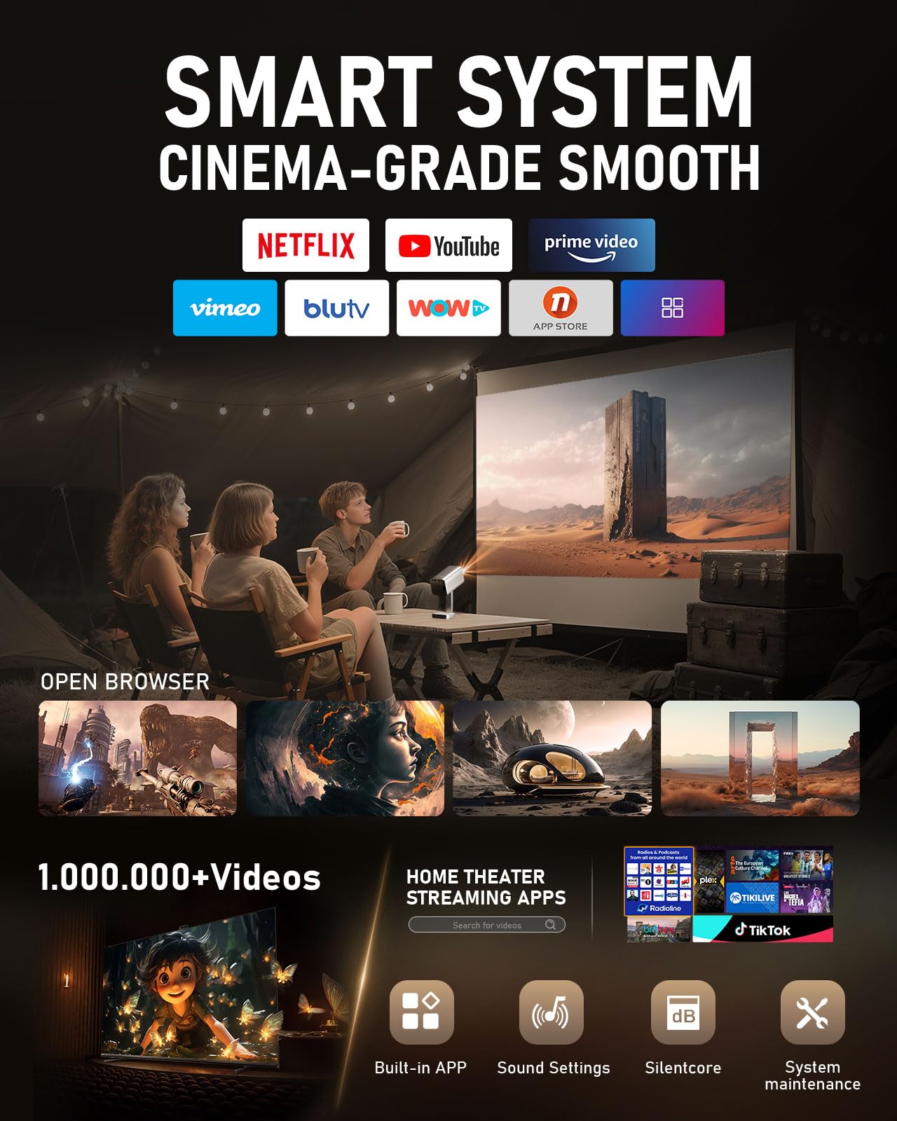 [Officially-Licensed APP & DoIby Audio] Smart Mini Projector with WiFi and Bluetooth, VOPLLS 2000ANSI Portable Outdoor Projector 4K Support with TOF Real-Time Focus, Native 1080P Home Movie Projector
