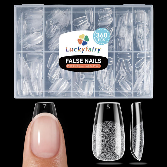 Luckyfairy Short Coffin Nails Tips: Soft Gel Pre-Shaped Acrylic Nail Tips Coffin 360pcs Fake Nails Half Matte Full Cover Clear Press on False Acrylic Nails for Nail Extension Home DIY 12 Sizes