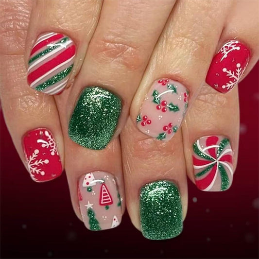 Christmas Press on Nails Short Green Red Fake Nails with Snowflake Design Holiday Nails Press ons Christmas Tree Glue on Nail Glitter Stick on Nail Christmas False Nail for Women Girls 24Pcs