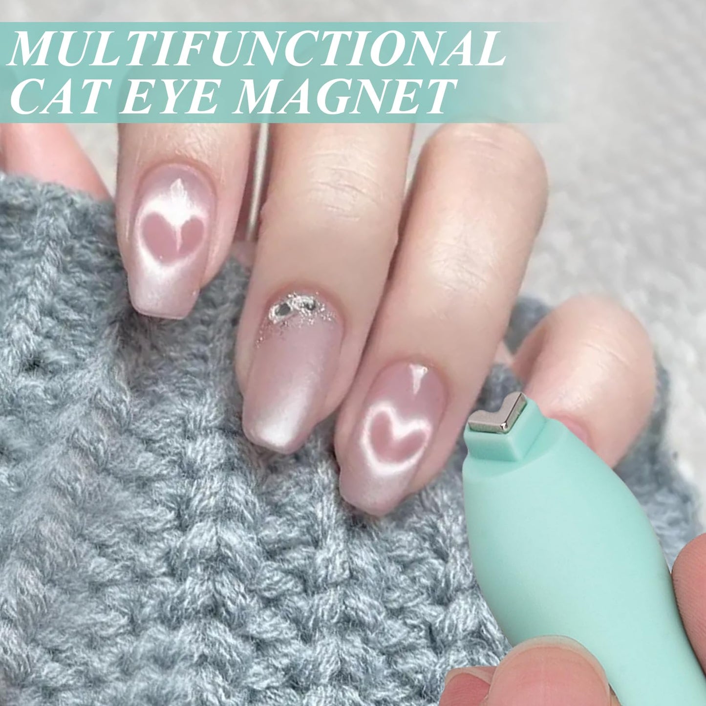Plman 3 in 1 Heart Magnet for Cat Eye Gel Polish, Double-Head Flower Design Nail Magnetic Pen, Multifunctional Cat Eye Magnet for Nail, Cat Eye Nail Magnet with Nail Magnet Guides (Heart Set-Green)