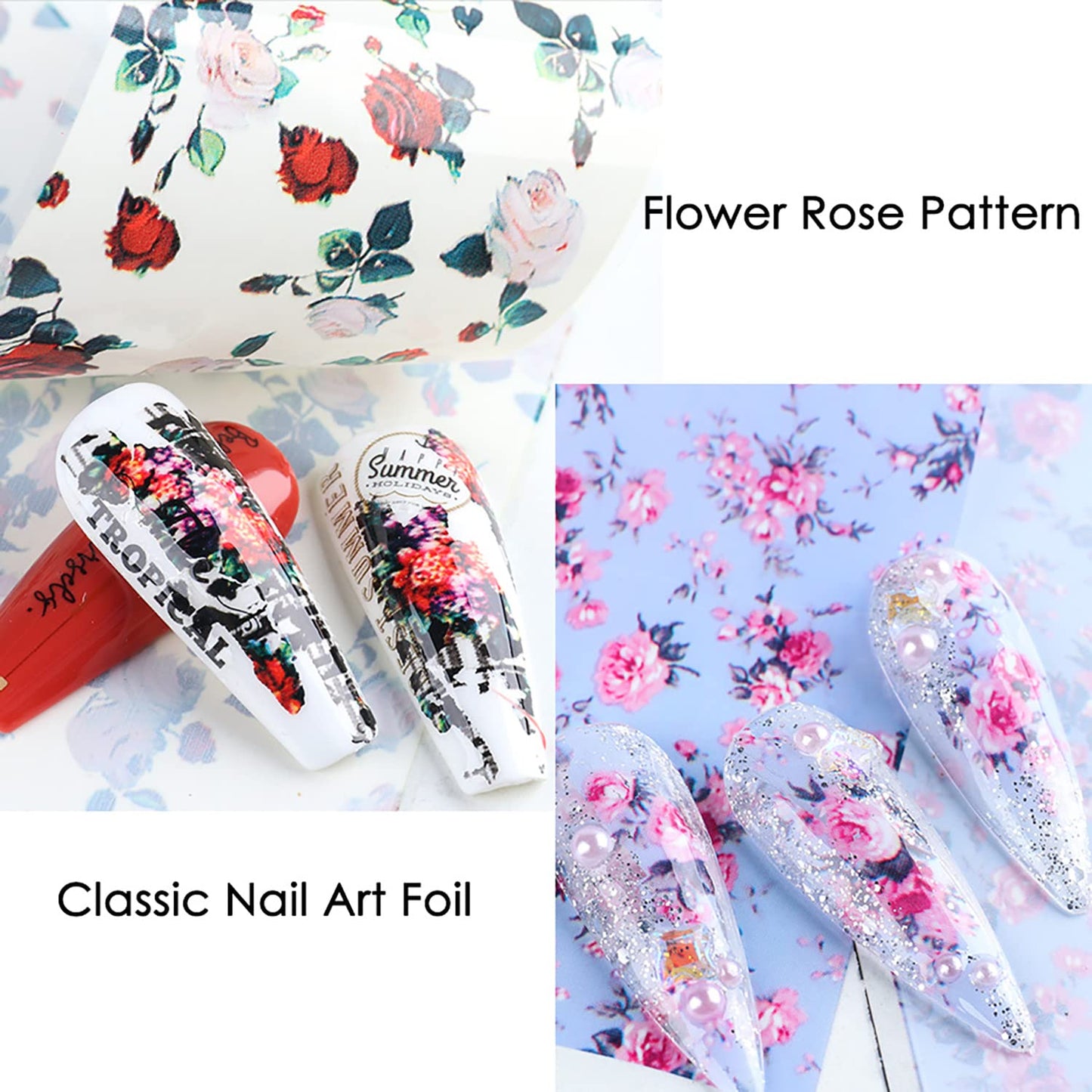 Flowers Holographic Nail Foil Stickers Decals, Floral Nail Polish Sheets Sky Starry Paper Transfer Foils Rose Nails Supplies for Nail Transfer Glue Women Manicure Film Decorations