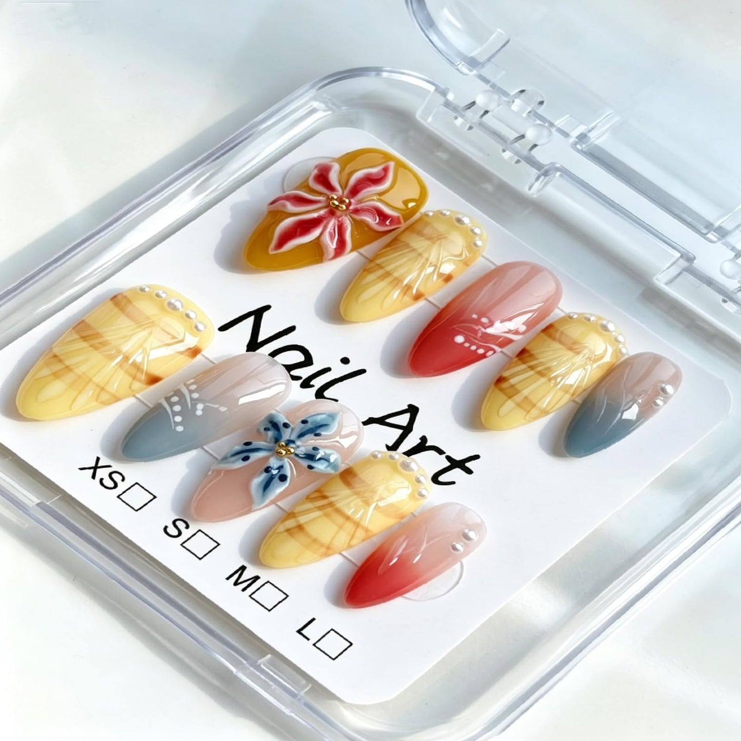 Threelegscat Yellow Handmade 10PCS Press on Nails, Medium Almond Fake Nails with 3D Flower Pearl, Reusable Gift for Women Daily Wear, Party, M Size