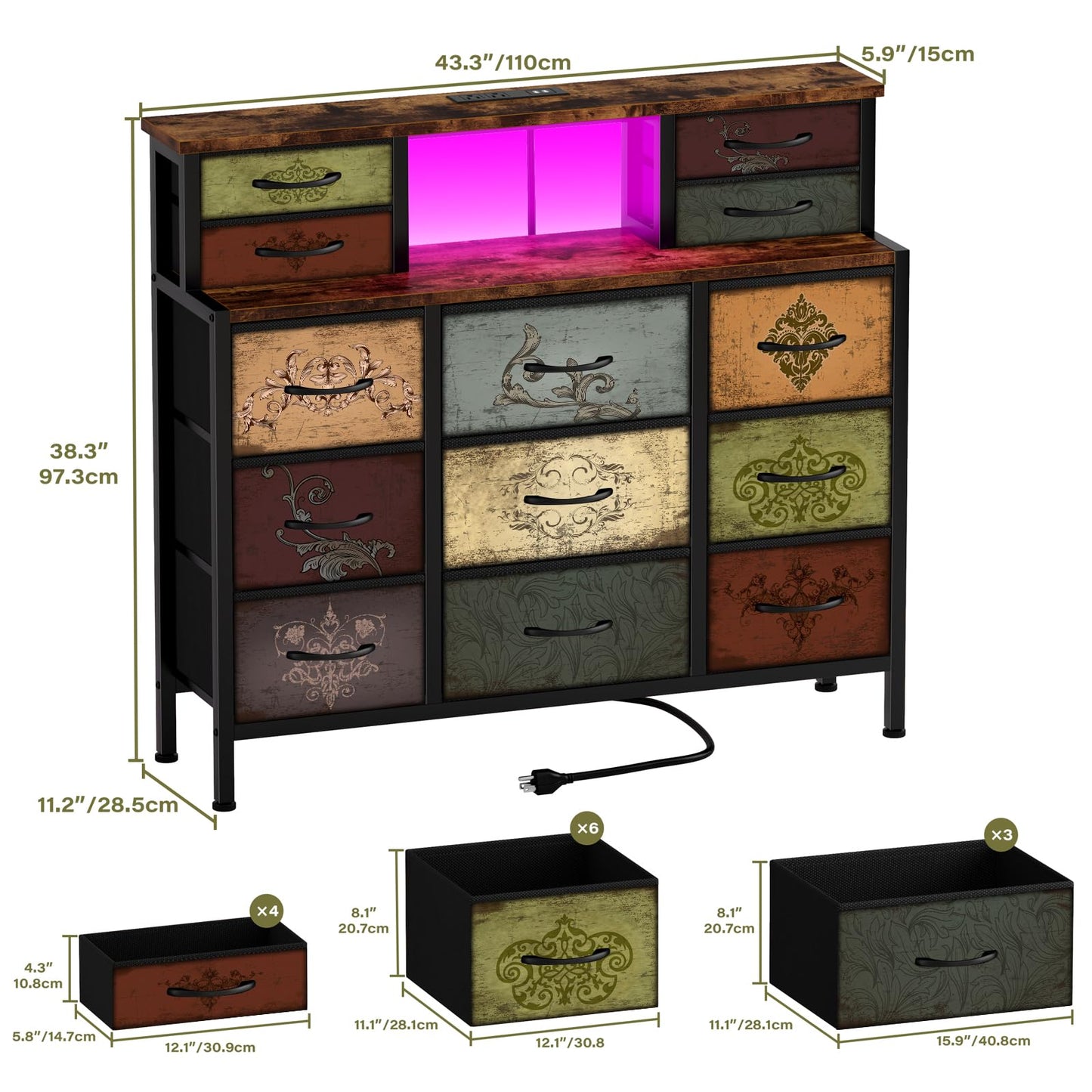 VASICAR Dresser for Bedroom with 13 Drawers 2 Open Shelves, Fabric Storage Dresser, Chest of Drawers, Pattern Organizer for Closet, Bedside, Living Room, Entryway, Hallway