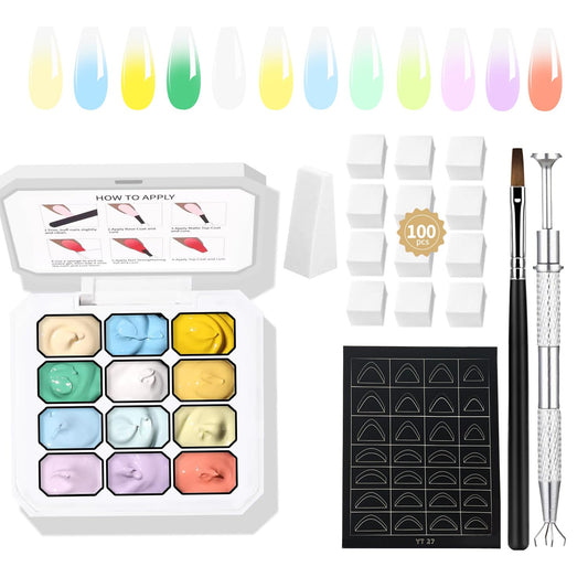 AOBOO Pat Painting Gel Gradient Nail Art 12 color Ombre Nail Polish With 100pcs Nail Sponges & Grabbing Pen For Completion Of Painting Glue For Nail Art Complex Design (c1)