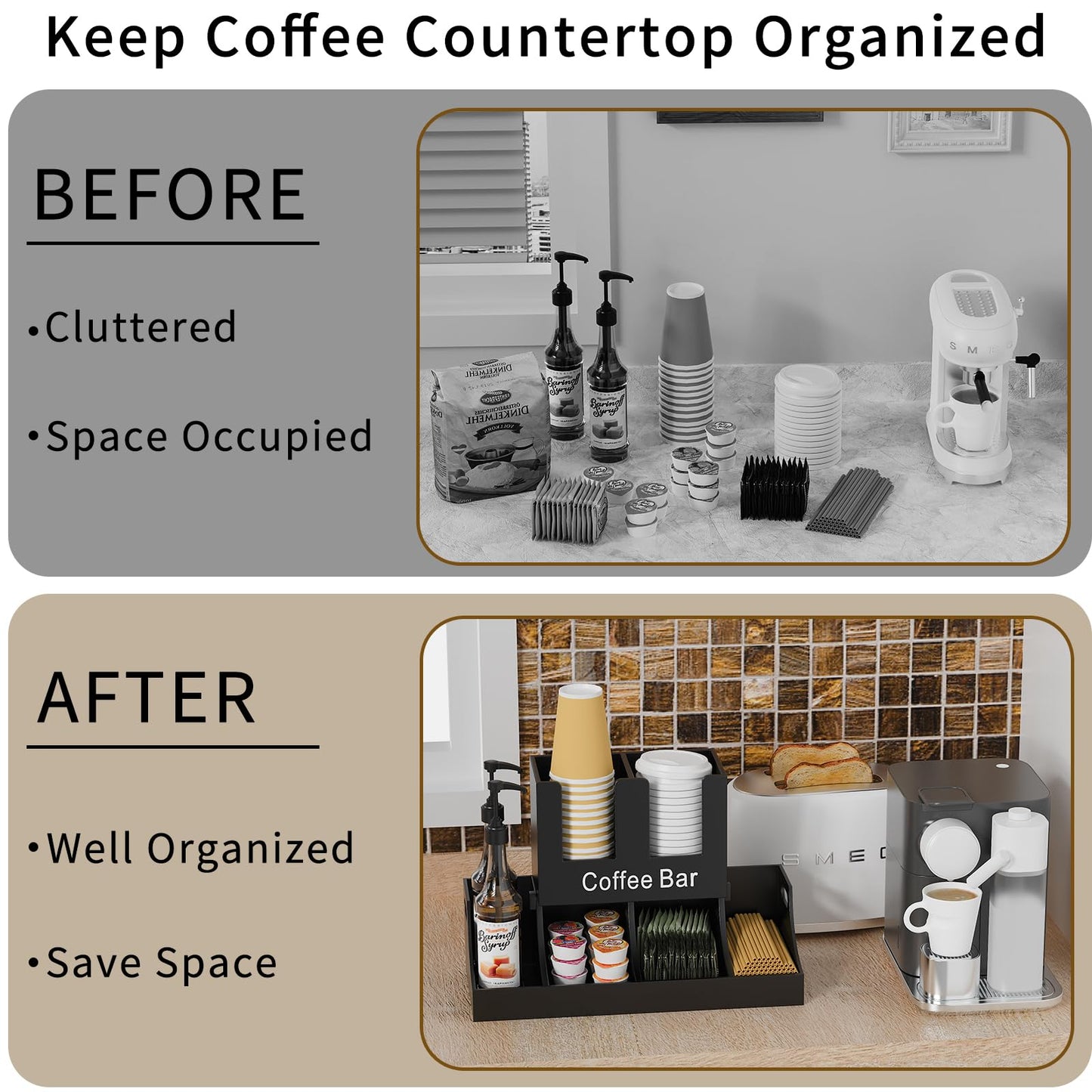 Busidhji Coffee Station Organizer, Wooden Coffee Bar Organizer for Countertop, Condiment and Cup Storage Organizer, Bar Accessories for Kitchen, Office, Home, Black